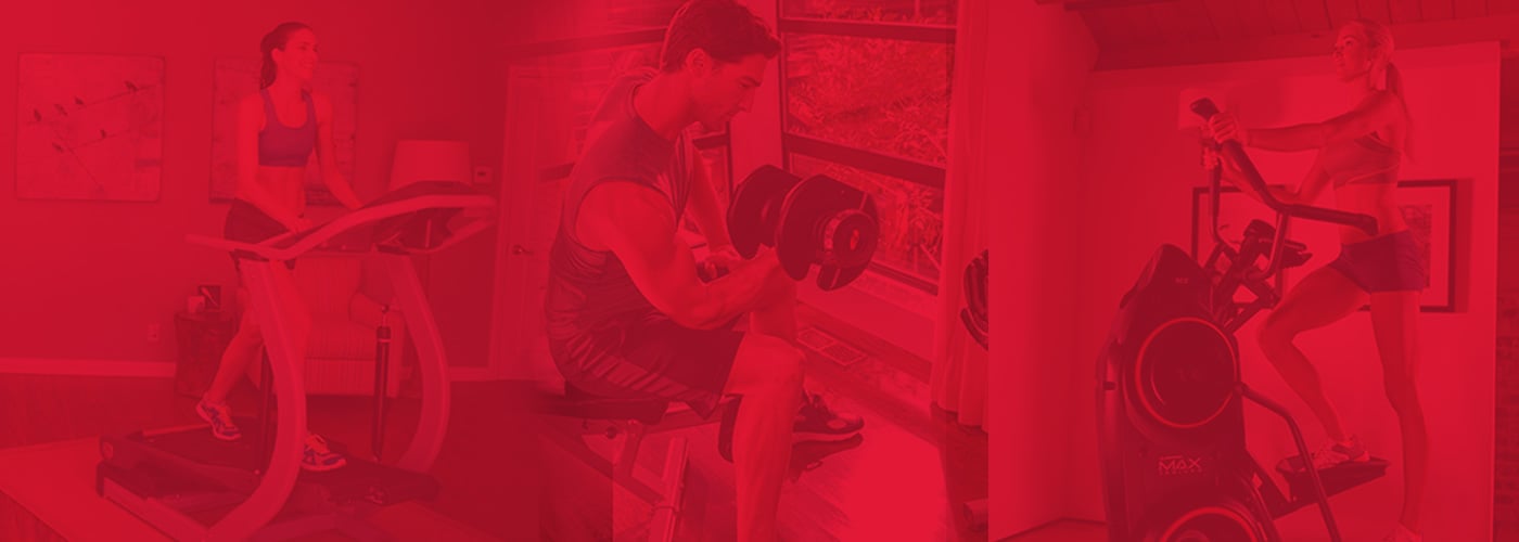 variety of people working out with different BowFlex products